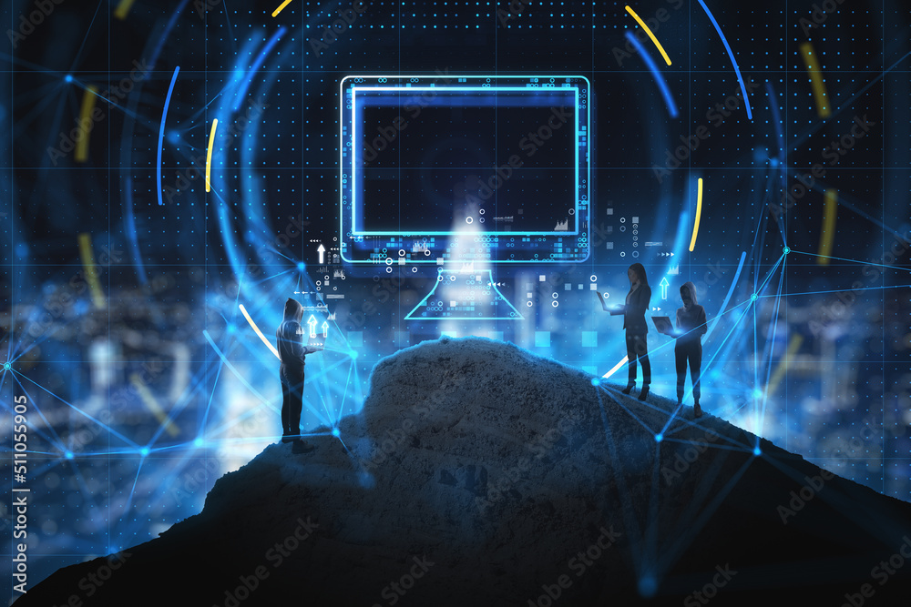 Aufkleber Abstract people on mountain using laptops with glowing computing hologram on blurry city background. Database and information concept. Double exposure.