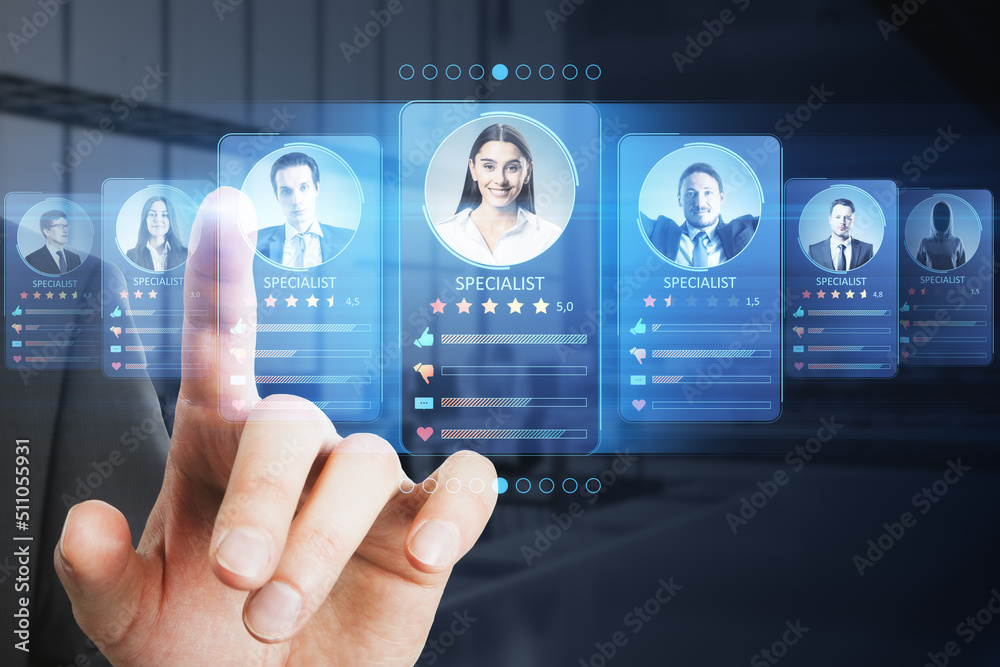 Poster Hiring employee and human resources concept with man finger on digital touch screen choosing specialists or professional by scrolling digital cards with personal data and rating