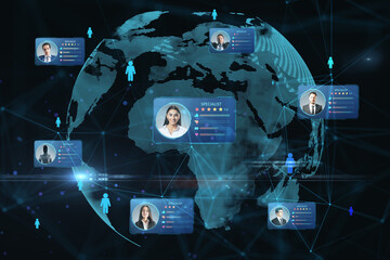 International freelancer search service with digital cards contain profile information and face...