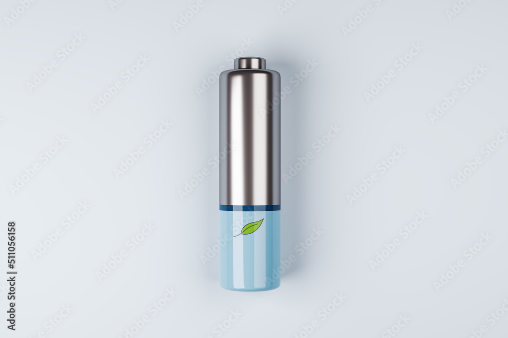 Poster green energy concept with front view on green leaf printed on silver and blue battery on abstract li