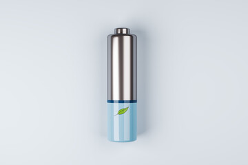 Green energy concept with front view on green leaf printed on silver and blue battery on abstract...