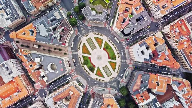 Overhead view, spinning right of Moyua Plaza, a Town square in Bilbao, Spain