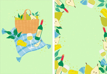 Picnic in nature. Summer illustration with a bottle of wine, cheese and pears in a basket. Summer picnic poster set. Modern poster with organic products. Summer event invitation. Flat design.