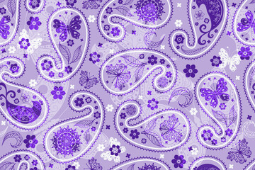 Seamless pink pattern with lace butterflies and translucent paisley. Vector eps 10