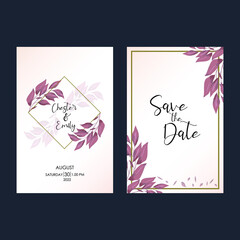pink leaves vector wedding invitation. simple design invitation with green leaves.