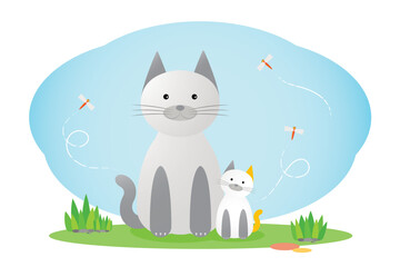 Adorable characters stories of Mother cat and Kitten for used in children's tales, Illustration or Vector of two cats and elements of grass field and sky with dragonflies isolated on white background.