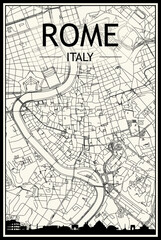 Light printout city poster with panoramic skyline and hand-drawn streets network on vintage beige background of the downtown ROME, ITALY