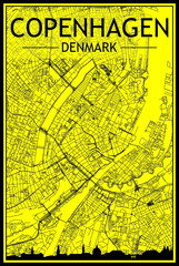 Golden printout city poster with panoramic skyline and hand-drawn streets network on yellow and black background of the downtown COPENHAGEN, DENMARK