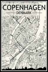 Light printout city poster with panoramic skyline and hand-drawn streets network on vintage beige background of the downtown COPENHAGEN, DENMARK