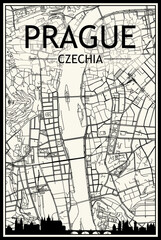Light printout city poster with panoramic skyline and hand-drawn streets network on vintage beige background of the downtown PRAGUE, CZECHIA