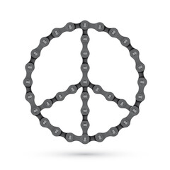 Vector circular peace symbol formed by a realistic bike chain. Isolated on white background.