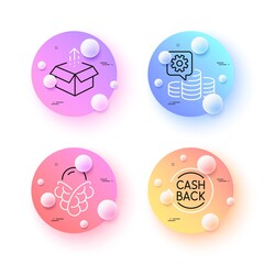 Send box, Cashback and Ice cream minimal line icons. 3d spheres or balls buttons. Making money icons. For web, application, printing. Delivery package, Refund commission, Bubble waffle. Vector