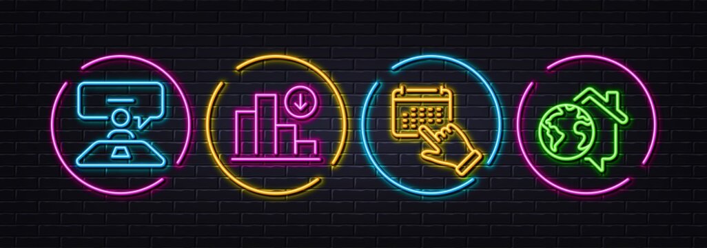 Event click, Decreasing graph and Interview job minimal line icons. Neon laser 3d lights. Work home icons. For web, application, printing. Calendar month, Crisis chart, Consulting. Vector