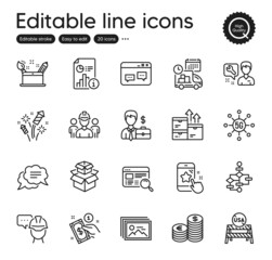Fototapeta premium Set of Business outline icons. Contains icons as Creativity concept, Block diagram and Fireworks rocket elements. 5g technology, Website search, Repairman web signs. Payment method. Vector