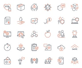 Business icons set. Included icon as Employee, Clipboard and Video conference web elements. Clean bubbles, Improving safety, Vip table icons. Chemistry molecule, Timer, Attachment web signs. Vector