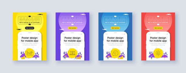 Simple set of Update time, Website education and Seo analysis line icons. Poster offer design with phone interface mockup. Include Face biometrics icons. For web, application. Vector