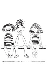 Vector illustration of three female friends sitting on the parapet and posing for a selfie. Black outline on a white background