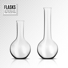 Laboratory glass flask or beaker 3d vector design of chemical lab glassware equipment. Realistic empty flask of chemistry science experiments, biology or medicine tests, pharmacology research - 511060974