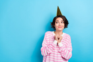Portrait of adorable young cheerful birthday girl waiting present surprise look empty space...