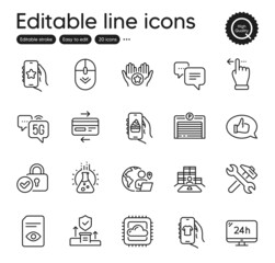 Set of Technology outline icons. Contains icons as Parking garage, Food app and View document elements. Feedback, Verified locker, Favorite web signs. Shop app, 24h service. Vector