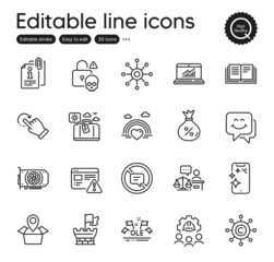Set of Business outline icons. Contains icons as Rotation gesture, Loan and Smartphone clean elements. Multichannel, Cyber attack, Copywriting network web signs. Attached info. Vector