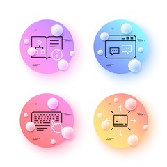 Cardboard box, Browser window and Technical algorithm minimal line icons. 3d spheres or balls buttons. Computer keyboard icons. For web, application, printing. Vector