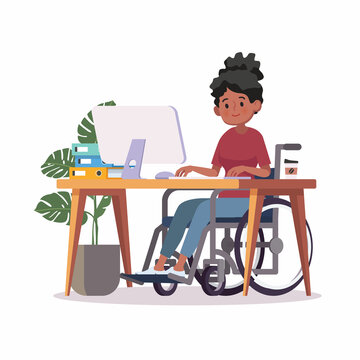Person in wheelchair working on computer desk in home office