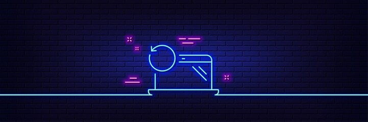 Neon light glow effect. Recovery laptop line icon. Backup data sign. Restore smartphone information symbol. 3d line neon glow icon. Brick wall banner. Recovery laptop outline. Vector