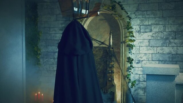 Mysterious silhouette vampire woman, view back, black Gothic vintage dress, cape hood on head. Girl turns, beautiful face brunette. Festive halloween makeup red bright lips, dark queen. throne room