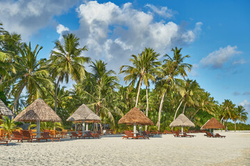 Island and Beach of the Maldives. Tourism, travel and vacation in a luxury resort