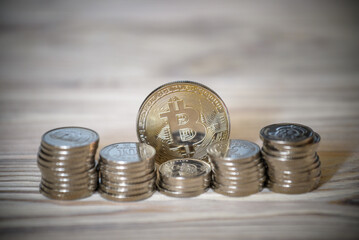 Bitcoin over the ukrainian hryvnia currency. Close up