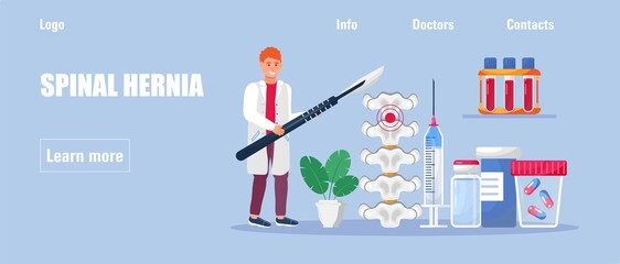 Spinal hernia concept vector. Spine pain, problems, scoliosis, injury, fracture, pathology and disorders manual therapy