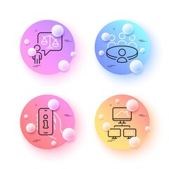 Meeting, Lawyer and Work home minimal line icons. 3d spheres or balls buttons. Support icons. For web, application, printing. Human resource, Court judge, Freelance work. Phone info. Vector