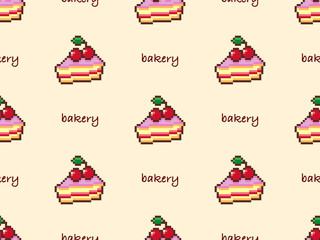 Bakery cartoon character seamless pattern on yellow background. Pixel style