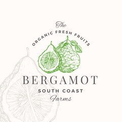 Bergamot Badge Logo Template. Hand Drawn Fruit Citrus Sketch with Retro Typography. Premium Plant Based Vegan Food Emblem Isolated - obrazy, fototapety, plakaty