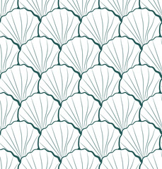 Seamless pattern of seashell in blue color line art vector - obrazy, fototapety, plakaty