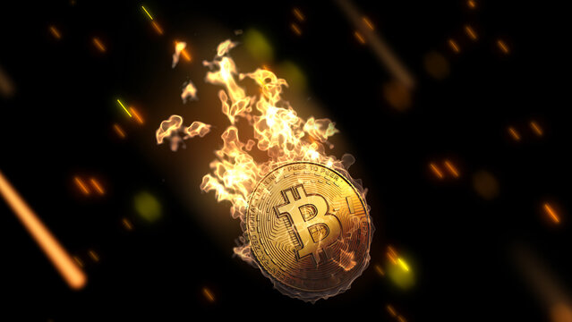 3D Illustration Bitcoin falling on flames for news and media