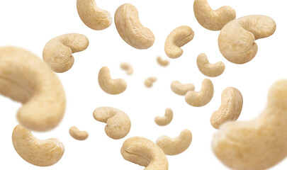 Flying cashew nuts, isolated on white background
