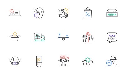 Mattress, Face attention and Fake news line icons for website, printing. Collection of Online help, Voting campaign, Express delivery icons. Crown, Delivery truck, Send box web elements. Vector