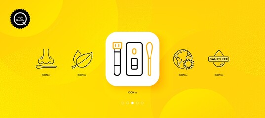 Fototapeta na wymiar Hand sanitizer, Coronavirus and Covid test minimal line icons. Yellow abstract background. Mint leaves, Nasal test icons. For web, application, printing. Vector
