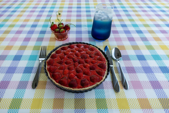 Homemade Strawberry Pie Place Setting on Gingham 
