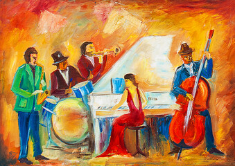 oil painting, music band, concert