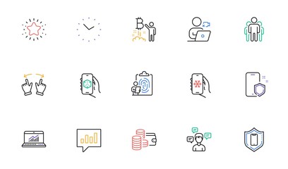 Analytical chat, Air conditioning and Group line icons for website, printing. Collection of Time, Wallet, Conversation messages icons. Video conference, Smartphone protection. Vector