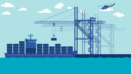 flat cartoon side view of transport cargo sea ship loading containers and harbor crane at port - obrazy, fototapety, plakaty