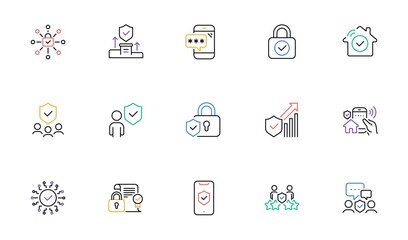 Security line icons set. Password, unlock, cyber lock. Guard, shield, home security system icons. Eye access, electronic check, firewall. Internet protection, laptop password. Vector