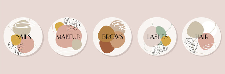 Set of labels, emblems. Template for actual instagram stories. Set of logos. Vector hand drawn. Beauty salon services: brows, lashes, hair, makeup, nails.
