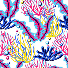 Seamless pattern with sea algae and corals. Marine life aquarium and sea flora.