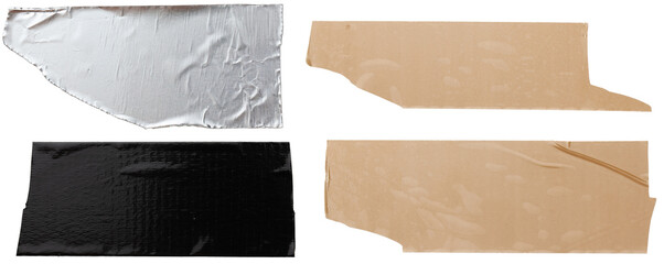 Torn horizontal and different size glossy black, silver, beige sticky tape, sticky pieces on a white background. A set of ribbons in different colors.