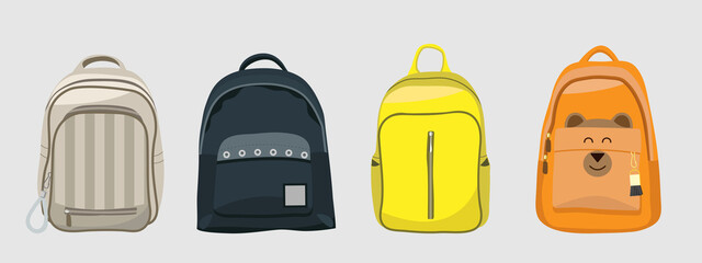Cute hand-drawn backpacks. Back to school and education concept. Children school bags.