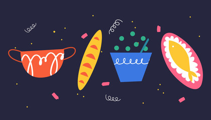 Set of kitchen utensils and food in doodle style. Vector illustration.